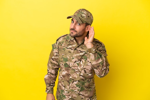 Homme militaire isolé sur fond jaune écoutant quelque chose en mettant la main sur l'oreille