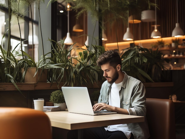 Un homme millénaire hipster utilisant un ordinateur portable dans un café ou un restaurant travaillant en ligne