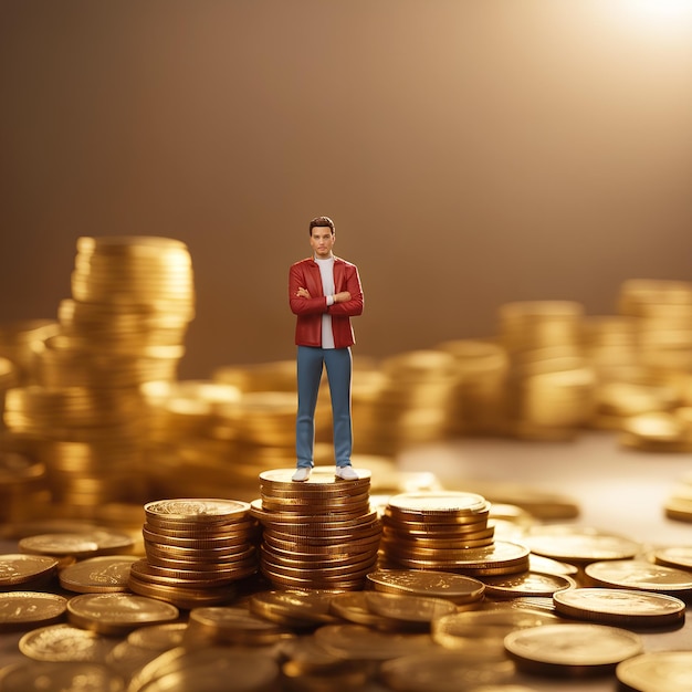 Un homme en miniature debout sur des piles de pièces d'or.