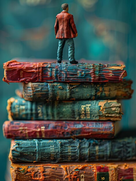 Un homme en miniature sur une pile de livres