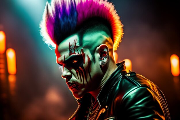 Un homme avec un mohawk et un mohawk aux cheveux violets et un mohawk sur la tête.