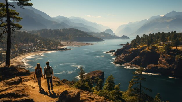 Un homme avec une montagne et un lac.