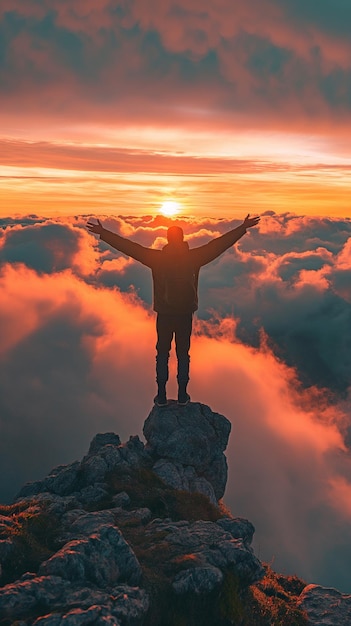 Un homme sur la montagne remercie Dieu