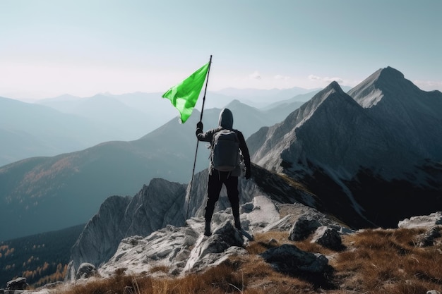 Un homme sur une montagne tenant un drapeau vert Generative AI