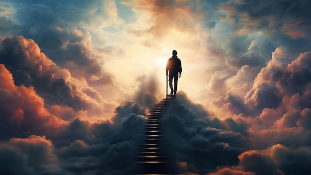 Un homme montant un escalier dans les nuages rendu en 3D