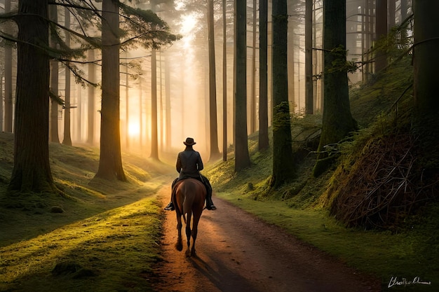 Un homme monte à cheval dans une forêt