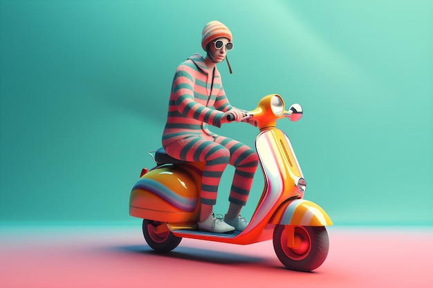 Un homme monté sur un scooter avec un fond coloré.