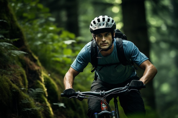 Un homme monte un vélo de montagne dans un casque et un équipement sur la route dans une forêt verte