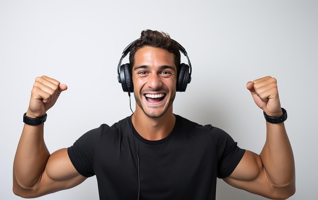 homme montrant le casque publicitaire sur fond blanc