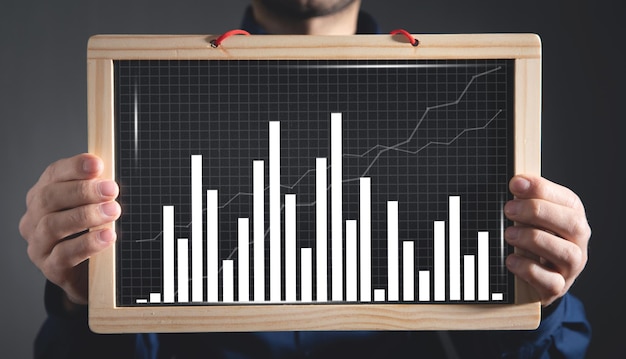 Homme montrant le graphique d'affaires sur le tableau noir