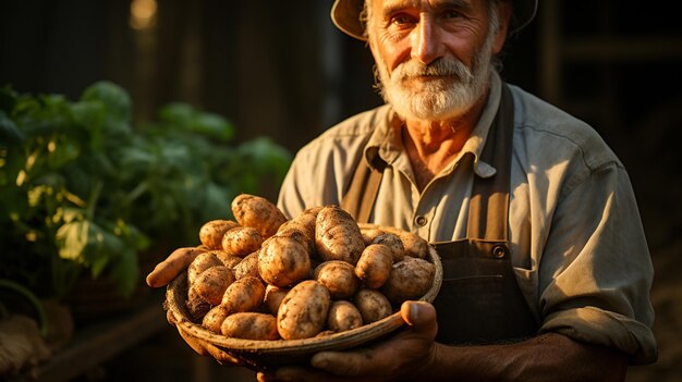 Homme montrant des pommes de terre dans le champ