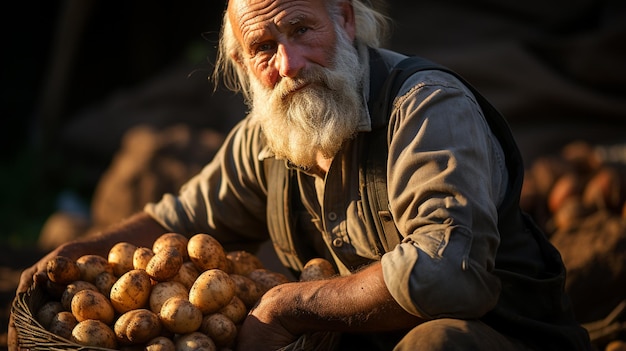 Homme montrant des pommes de terre dans le champ