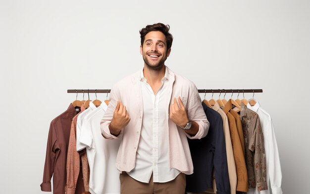 un homme montrant la publicité de nouveaux vêtements sur fond blanc