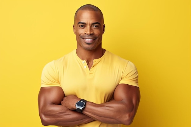 Photo un homme avec une montre sur les bras se tient contre un fond jaune