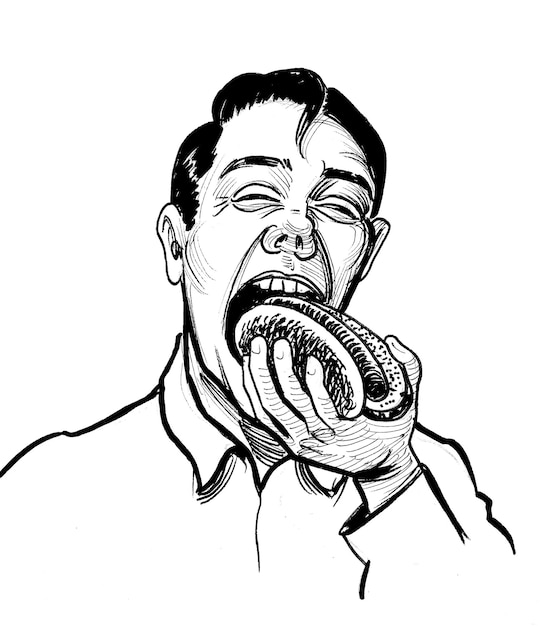 Un homme mordant un hot-dog dessin en noir et blanc