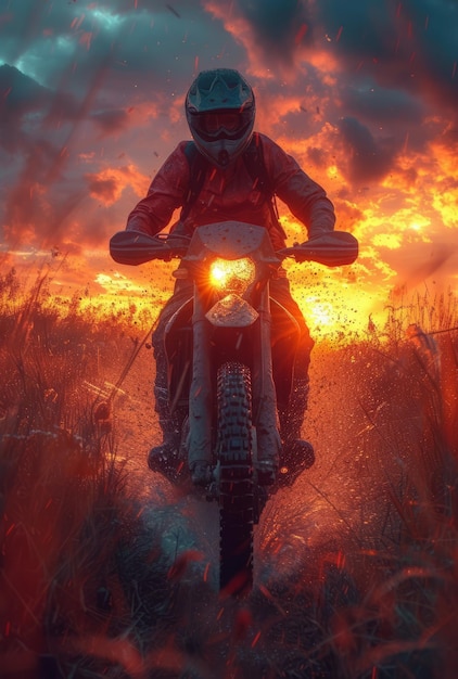 Un homme à moto sur le champ au coucher du soleil