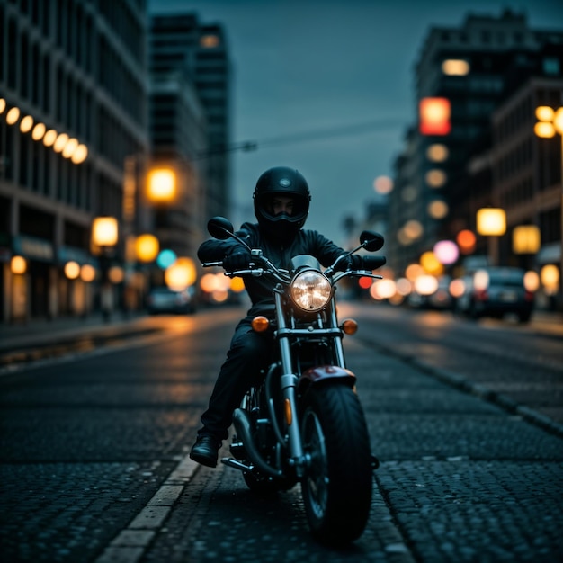 Homme à moto dans la rue la nuit AI générative