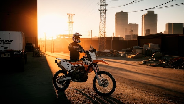 Un homme sur une moto devant les toits de la ville