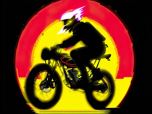 Un homme sur une moto avec un fond jaune et rouge.
