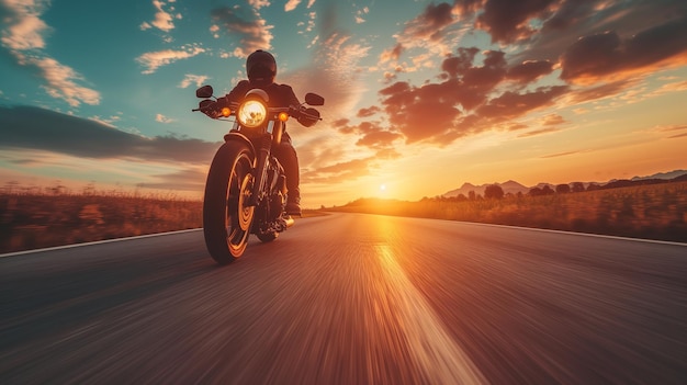 Un homme sur une moto roule vite sur une route au coucher du soleil