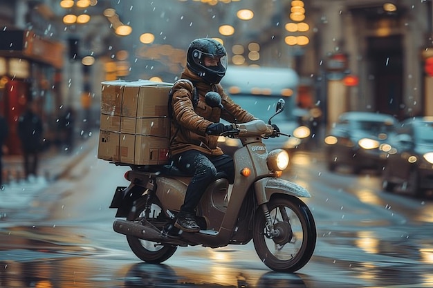 Un homme à moto sur une rue trempée par la pluie