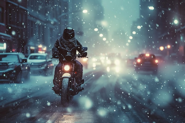 Un homme sur une moto à travers une ville pendant une tempête de pluie Les rues sont glissantes avec la pluie et il y a d'autres véhicules sur la route