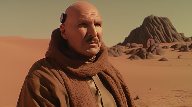 un homme avec une moustache et une barbe se tient dans le désert