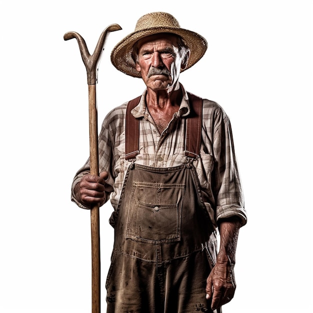 Un homme avec une moustache et un chapeau tenant un bâton.