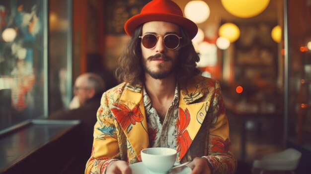 Un homme avec une moustache et un chapeau tenant du café