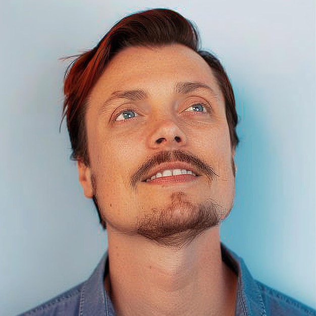 un homme avec une moustache et une chemise bleue avec un fond blanc
