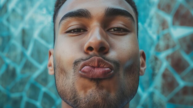 un homme avec une moustache fait une drôle de grimace