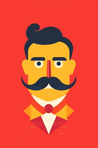 Un homme avec une moustache et un fond rouge.