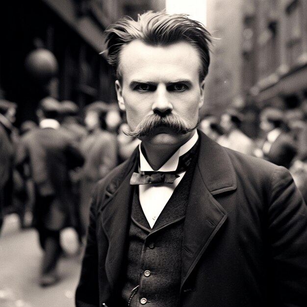 un homme avec une moustache et un nœud papillon marche dans la rue.