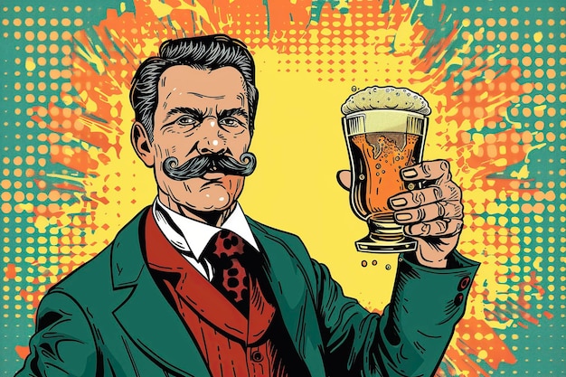 Un homme à moustache tenant une bière