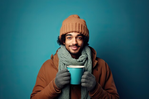 Homme multiracial portant des vêtements d'hiver tenant une tasse de café isolé sur un fond bleu turquoise IA générative