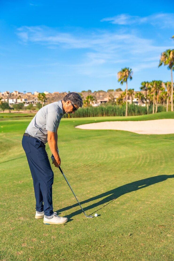 Un homme mûr et chic jouant au golf sur un parcours vert.
