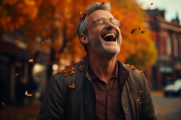 homme mûr dans le parc de la ville souriant en automne