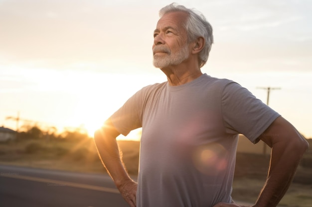 Homme mûr debout à l'extérieur et s'étirant pour une séance d'entraînement au lever du soleil créé avec générative ai