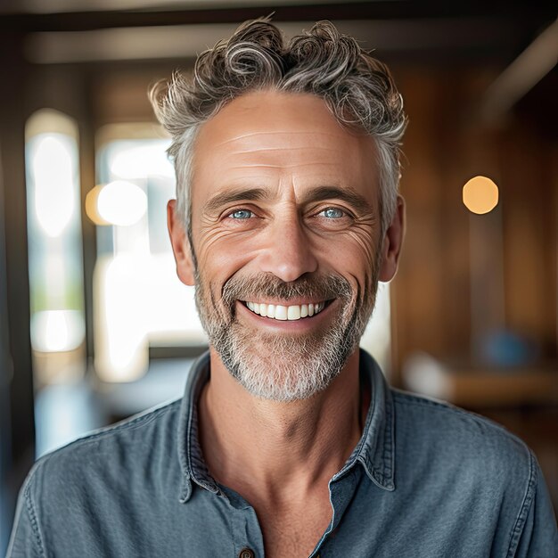 Homme mûr joyeux avec une barbe et des cheveux gris portant des vêtements décontractés