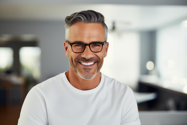 Un homme mûr avec des lunettes élégantes rayonnant de positivité