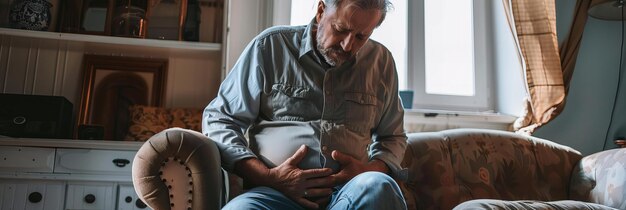 Homme mûr avec des maux d'estomac Concept Problèmes de santé