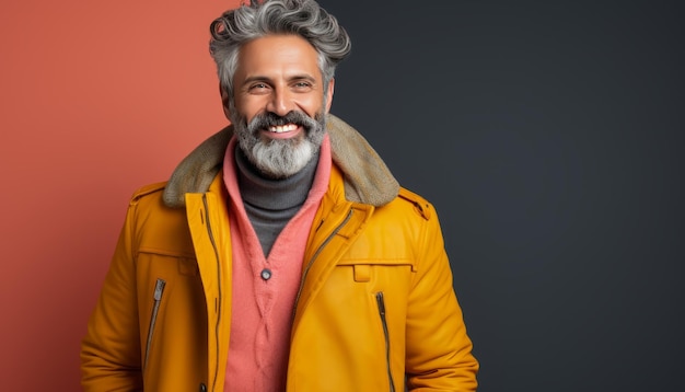 Homme mûr à la peau lisse, aux cheveux gris et au sourire heureux, photo de studio sur fond pastel