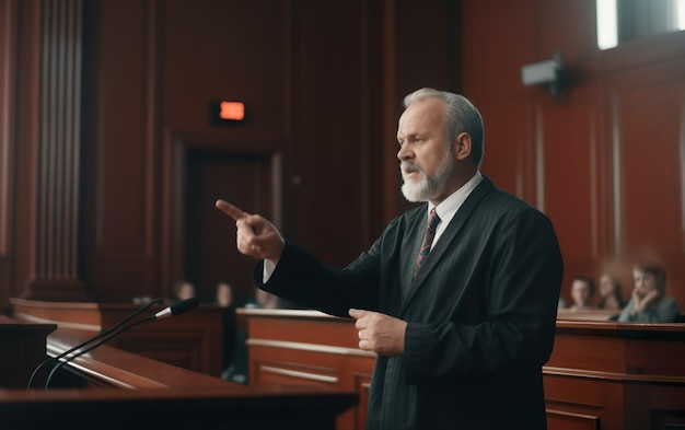 Homme mûr sur le podium de l'avocat du tribunal AI Generative AI