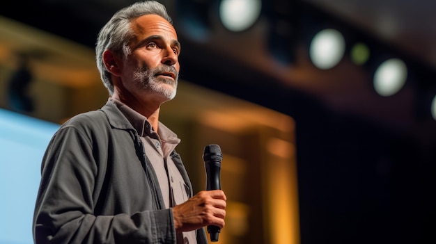 Un homme mûr prononce un discours lors d'une conférence avec un fond flou Concept de discours public IA générative