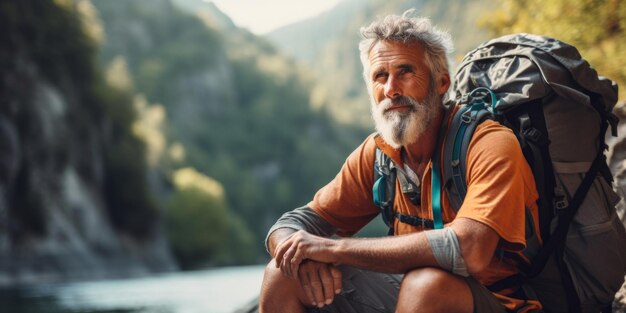 Un homme mûr avec un sac à dos assis sur un rocher près d'une rivière descendant de la montagne.