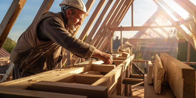 Un homme mûr travaille à la construction avec Hardhat