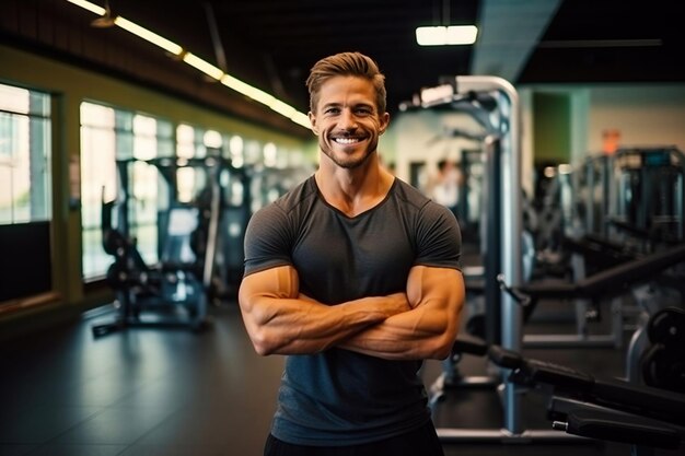 Un homme musclé et attrayant en vêtements de sport se tient sur le fond d'une salle de sport.