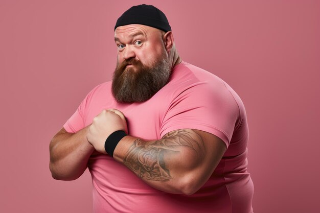 Un homme musclé avec une barbe et une chemise rose flèche ses muscles pour montrer sa force.