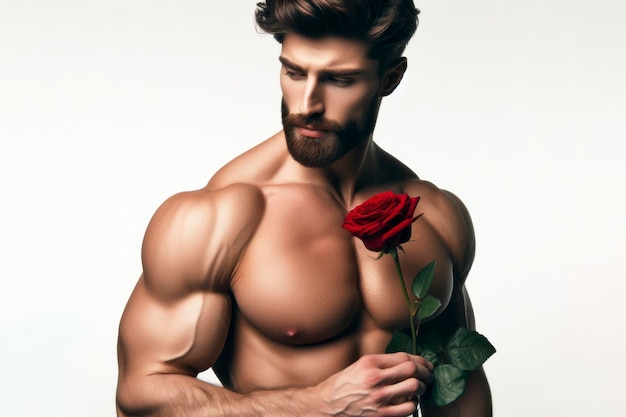 homme musclé barbu émotivité romantique tient une rose dans sa main isolé sur fond blanc ai génératif