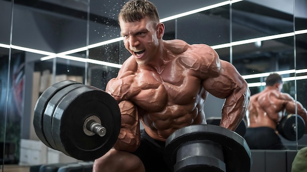 Un homme musclé concentré faisant de l'exercice avec un haltère